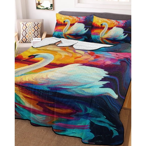 78x90in Quilt Bedding Set, Oil Style Animals Swan Lightweight Coverlet Summer Comforter Set Soft Microfiber Bedspread, Sunset Background 3 Piece Quilt Set with 2 Pillow Shams All Seasons Use