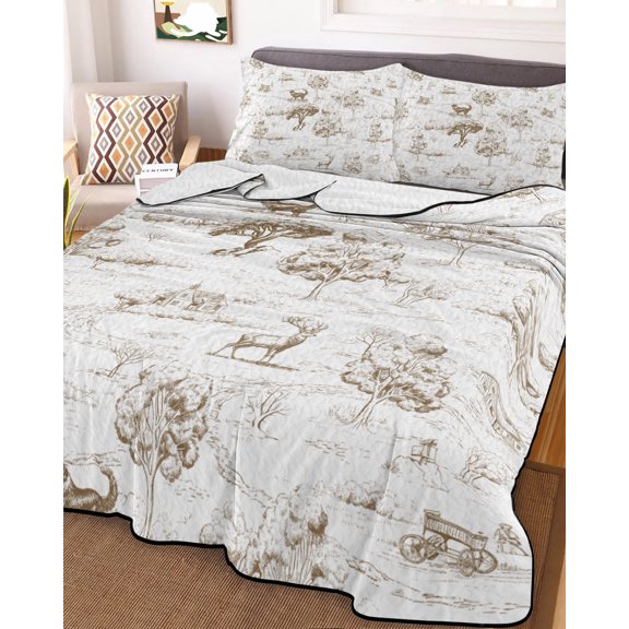 78x90in Quilt Bedding Set, Pastoral Farmhouse Forest Elk Illustration Lightweight Coverlet Summer Comforter Set Microfiber Bedspread, Wild Animals on Vintage 3 Piece Quilt Set with 2 Pillow Shams