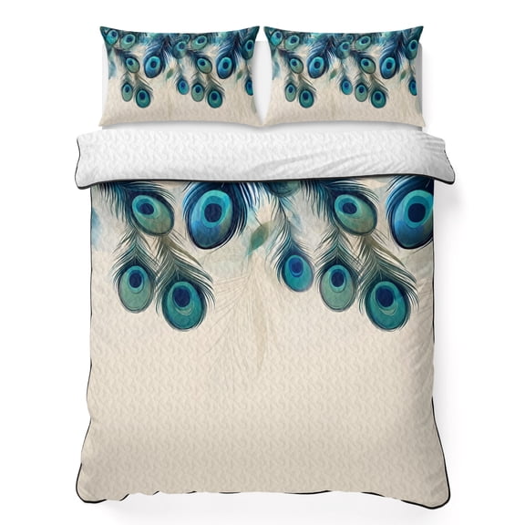 Full Quilt Bedding Set Peacock Feathers on Beige Breathable Summer Cooling Blanket for Hot Sleepers, Abstract Pattern Lightweight Soft Bedding Set with 2 Pillow Shams for All Season
