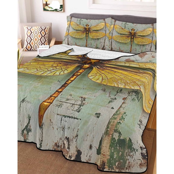 78x90in Quilt Bedding Set, Retro Farm Dragonfly Shabby Wall Lightweight Coverlet Summer Comforter Set Soft Microfiber Bedspread, Modern Insects Art 3 Piece Quilt Set with 2 Pillow Shams