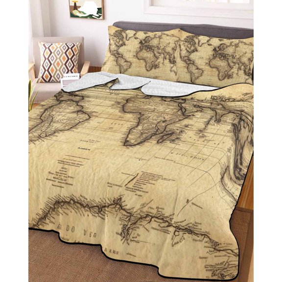 78x90in Quilt Bedding Set, Retro Yellow World Map North America Asia Lightweight Coverlet Summer Comforter Set Soft Microfiber Bedspread, Pacific Plate 3 Piece Quilt Set with 2 Pillow Shams