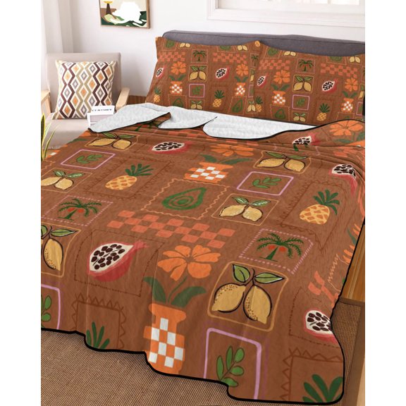 78x90in Quilt Bedding Set, Rustic Lemon Flower Leaves Pineapple Lightweight Coverlet Summer Comforter Set Soft Microfiber Bedspread, Farm Fruit on Red 3 Piece Quilt Set with 2 Pillow Shams