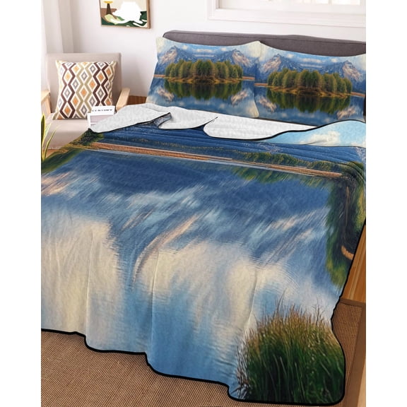 78x90in Quilt Bedding Set, Snow Mountain Lake Landscape Lightweight Coverlet Summer Comforter Set Soft Microfiber Bedspread, Nature Forest Scenery 3 Piece Quilt Set with 2 Pillow Shams