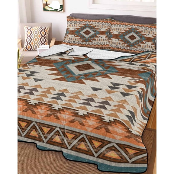 78x90in Quilt Bedding Set, Southwestern Ethnic Geometric Art Lightweight Coverlet Summer Comforter Set Soft Microfiber Bedspread, Rustic Tribal Native Arrows 3 Piece Quilt Set with 2 Pillow Shams