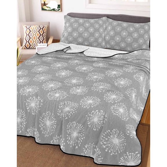 78x90in Quilt Bedding Set, Spring Fields Dandelion on Gray Lightweight Coverlet Summer Comforter Set Soft Microfiber Bedspread, Country Botantical 3 Piece Quilt Set with 2 Pillow Shams