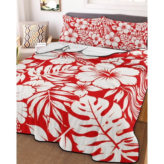 78x90in Quilt Bedding Set, Summer Hibiscus Monstera Palm Leaf Lightweight Coverlet Summer Comforter Set Soft Microfiber Bedspread, Tropical Flower Leaves on Red 3 Piece Quilt Set with 2 Pillow Shams