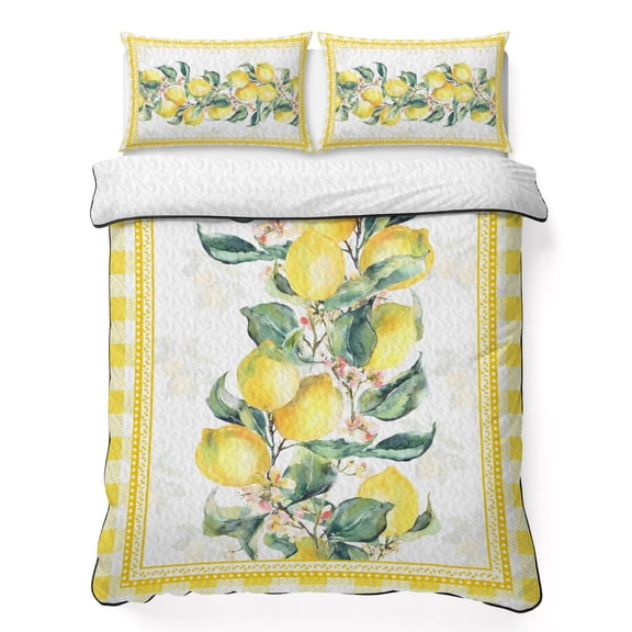 Full Quilt Bedding Set Summer Lemon Farm Sketch Leaf Breathable Summer Cooling Blanket for Hot Sleepers, Rural Fruit Yellow Buffalo Grid Soft Bedding Set with 2 Pillow Shams for All Season