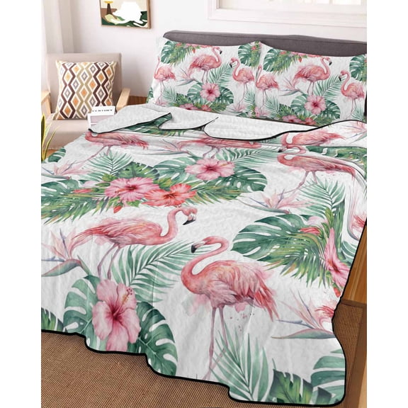 78x90in Quilt Bedding Set, Summer Pink Flamingo Hibiscus Lightweight Coverlet Summer Comforter Set Soft Microfiber Bedspread, Tropical Flower Green Monstera 3 Piece Quilt Set with 2 Pillow Shams