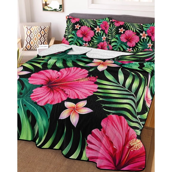 78x90in Quilt Bedding Set, Vibrant Pink Hibiscus Floral Lightweight Coverlet Summer Comforter Set Soft Microfiber Bedspread, Tropical Foliage Pattern 3 Piece Quilt Set with 2 Pillow Shams