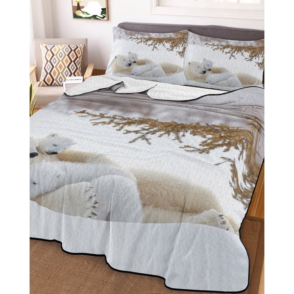 78x90in Quilt Bedding Set, Winter Cute Polar Bears Snowfields Lightweight Coverlet Summer Comforter Set Soft Microfiber Bedspread, Animals Snow Scene 3 Piece Quilt Set with 2 Pillow Shams