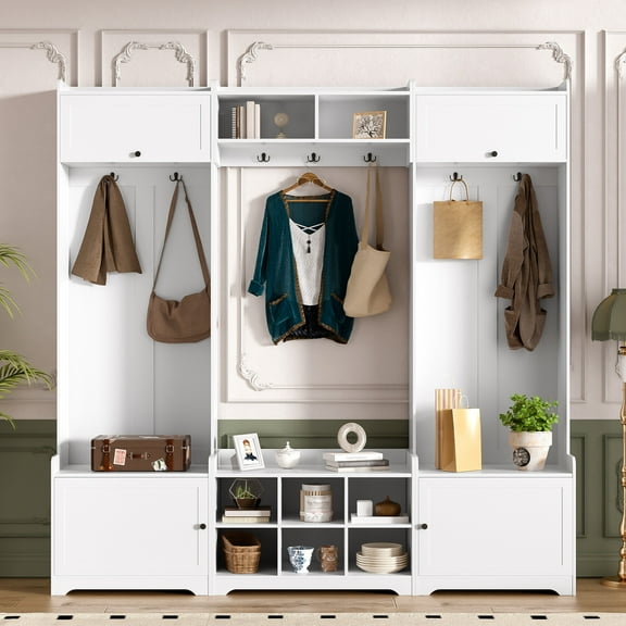 79.1 Inch Wide Entryway Hall Tree with Shoe Storage, 4-in-1 Organizer Bench with 8 Cubbies, 7 Hooks and Adjustable Shelf for Foyer, Mudroom or Living Room in White Finish