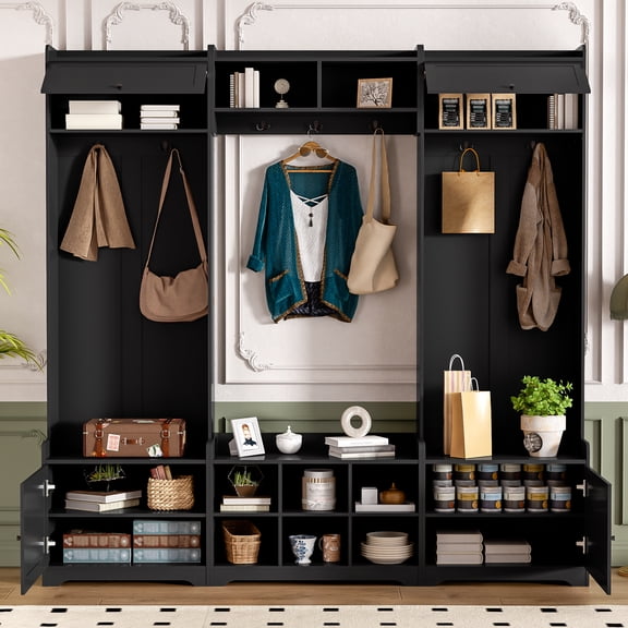 79.1" Wide Modern Hall Tree with Shoe Storage, 4-in-1 Entryway Bench with 8 Cubbies, 7 Coat Hooks, Adjustable Shelf, for Hallway, Living Room, Mudroom, Black