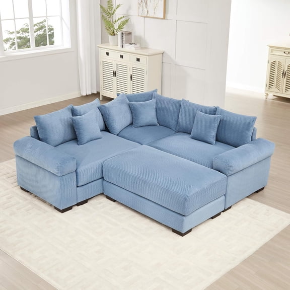 79.1''x79.1'' Oversized Cloud Modular Sectional Sofa|Convertible Corduroy Couch with Ottoman|Deep Seat|Extra-Wide Armrests|Ergonomic Design|Easy Assembly|for Living Room,Apartment - Blue