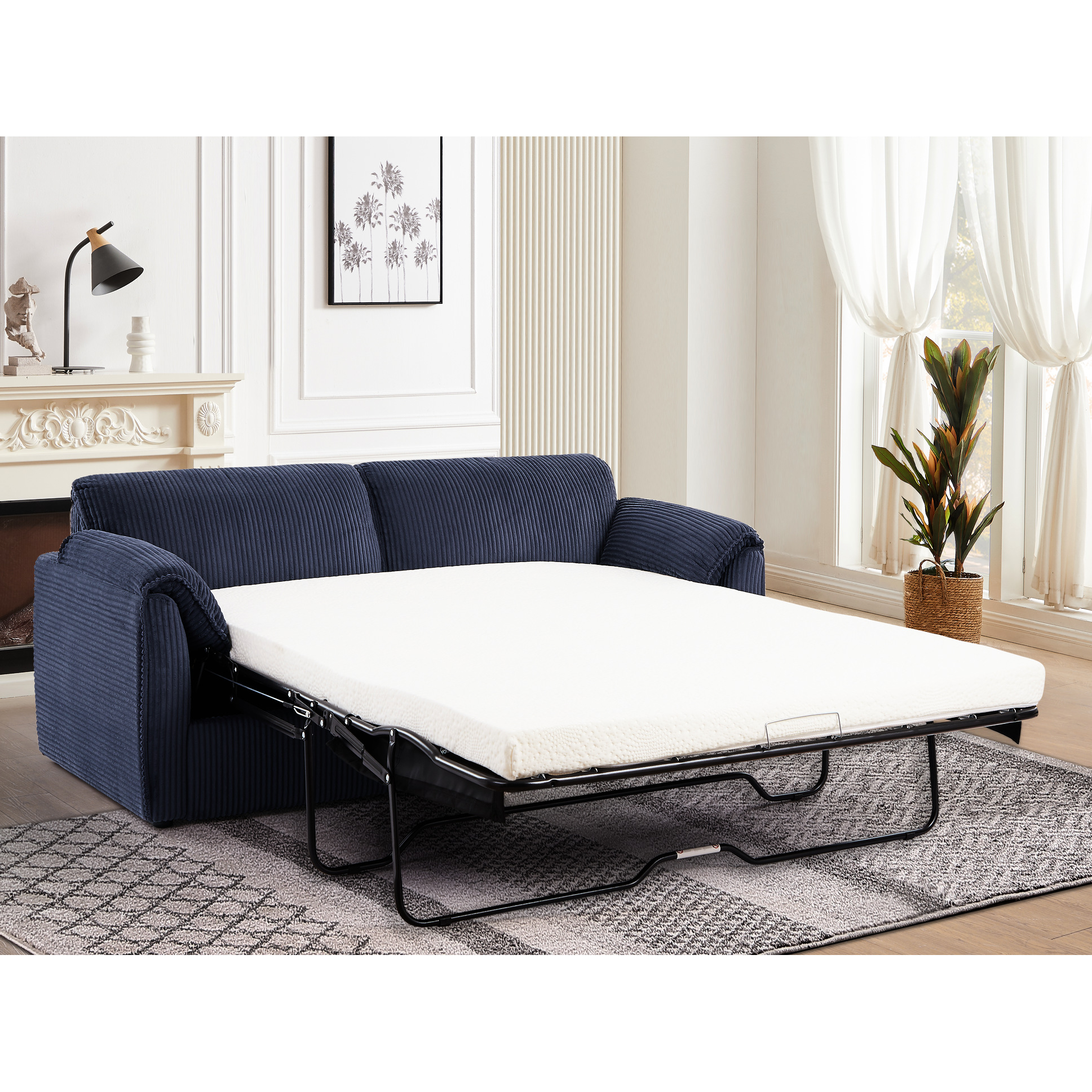 79.13-inch Living Room Futon, Pull Out Bed, Blue Corduroy, Metal Frame ...