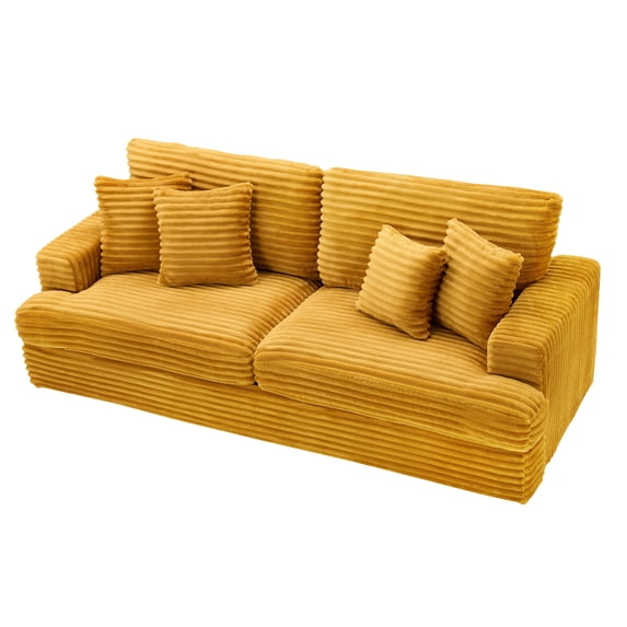 79.3 " Corduroy Sofa, 3 Seater Sofa with 4 Matching Pillows& Deep Seats, Couch with Solid Wood Frame for Modern Living Room, Orange