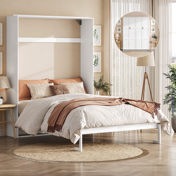 79.3-Inch White Full Murphy Bed - Modern Foldable Wall Bed Cabinet for Bedroom Guest Room