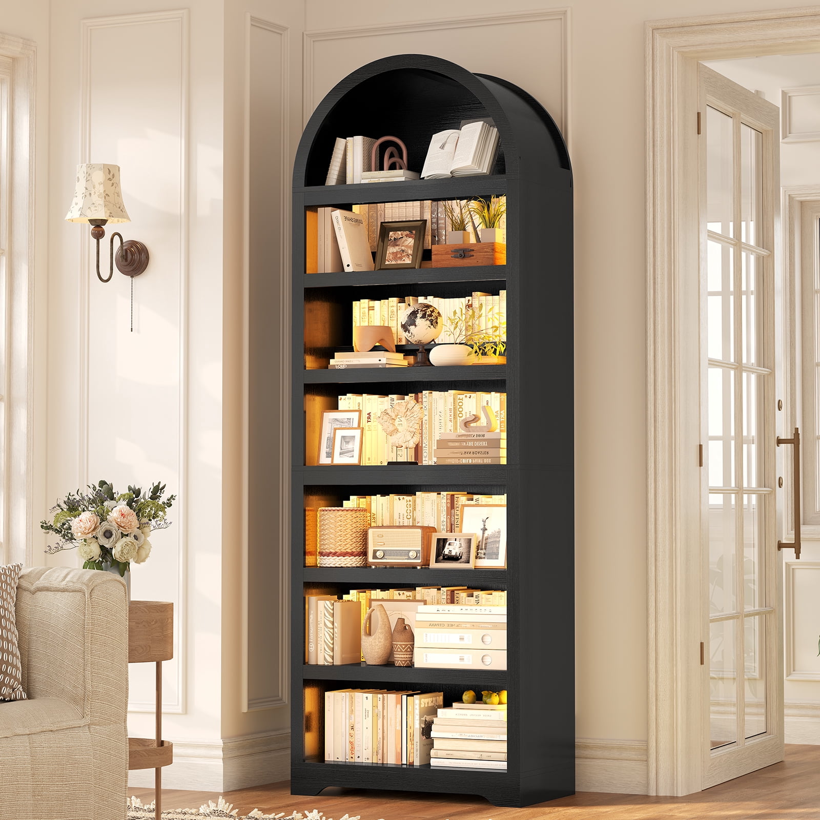 79.4" Tall Arched Cabinet, Modern 7-Tier Bookshelf with RGB Light and Adjustable Shelf for Living Room, Kitchen, Home Office, Black