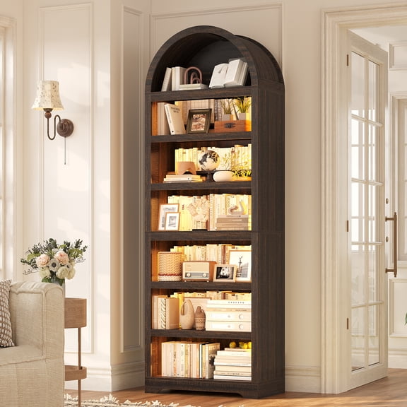 79.4" Tall Arched Cabinet, Modern 7-Tier Bookshelf with RGB Light and Adjustable Shelf for Living Room, Kitchen, Home Office, Brown