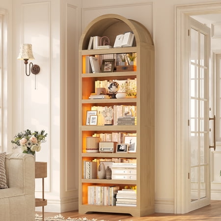 79.4" Tall Arched Cabinet, Modern 7-Tier Bookshelf with RGB Light and Adjustable Shelf for Living Room, Kitchen, Home Office, Oak