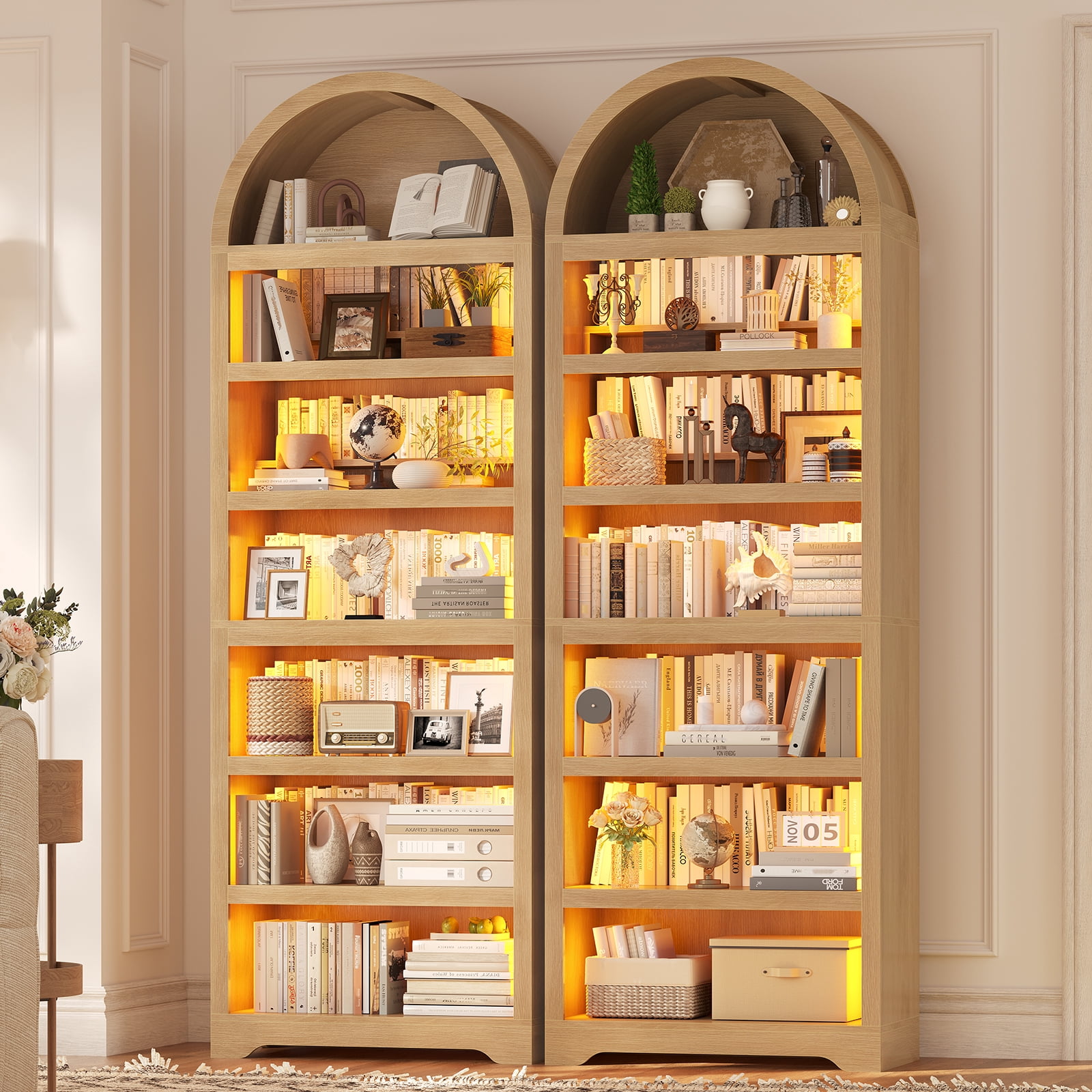 79.4" Tall Arched Cabinet Set of 2, Modern 7-Tier Bookshelf with RGB Light and Adjustable Shelf for Living Room, Kitchen, Home Office, Oak