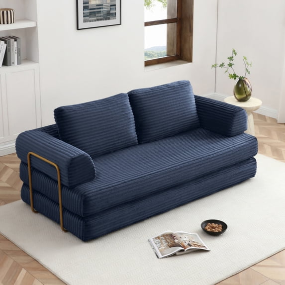 79.5" Convertible Sofa Bed, Corduroy Folding Futon with Pillows, Boneless Sleeper for Living Room and Bedroom, Blue