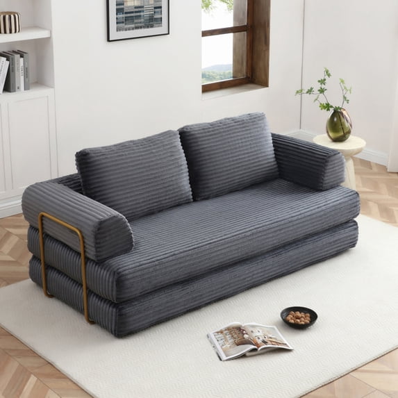 79.5" Convertible Sofa Bed, Folding Floor Couch, Corduroy Couch Bed, Boneless Sofa for Living Room Bedroom, Gray
