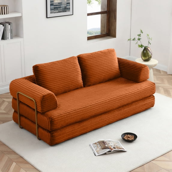 79.5" Convertible Sofa Bed, Folding Floor Couch, Corduroy Couch Bed, Boneless Sofa for Living Room Bedroom, Orange