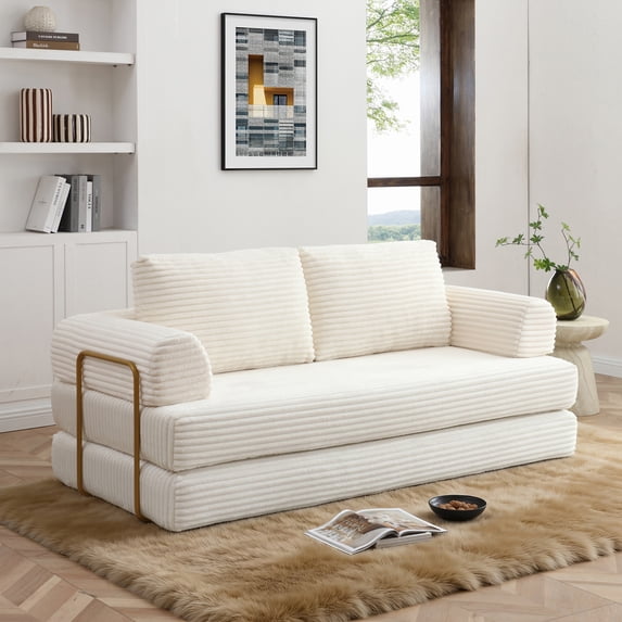 79.5" Convertible Sofa Bed,Folding Sleeper Sofa Couch Bed with Fixed-Shape Frame,Corduroy Fold Out Sleeper Loveseat for Living Room,Bedroom,Apartment,Beige