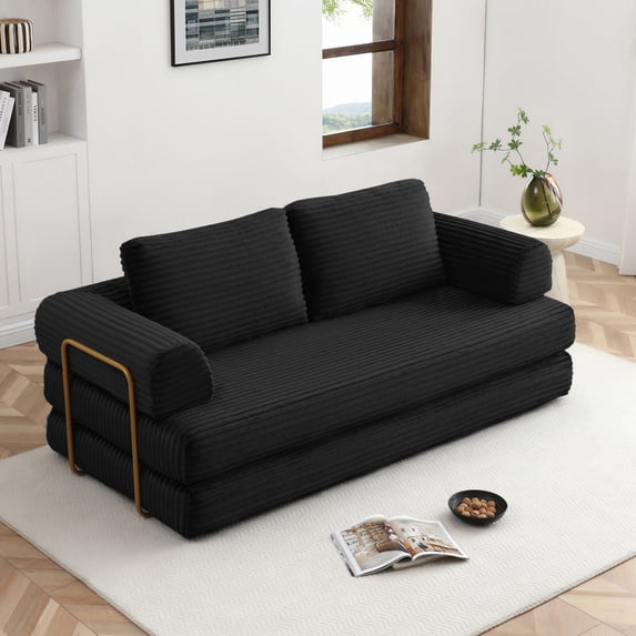 79.5" Convertible Sofa Bed,Folding Sleeper Sofa Couch Bed with Fixed-Shape Frame,Corduroy Fold Out Sleeper Loveseat for Living Room,Bedroom,Apartment,Black