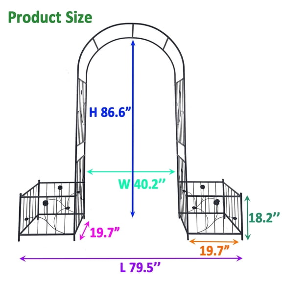 79.5 Inch Wide Metal Garden Arch with Plant Stands for Climbing Roses, 86.6 Inch Tall Black Iron Trellis for Ivy and Clematis Support