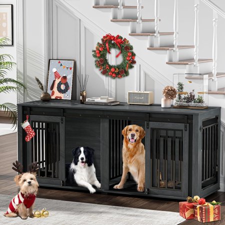 Large Dog Crate Furniture for 2 Dogs, Weatherproof 2-Door 71" Wooden Indoor Furniture Style Crate for Dogs