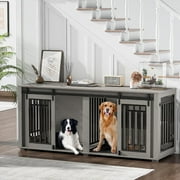 Large Dog Crate Furniture for 2 Dogs, Weatherproof 2-Door 71" Wooden Indoor Furniture Style Crate for Dogs