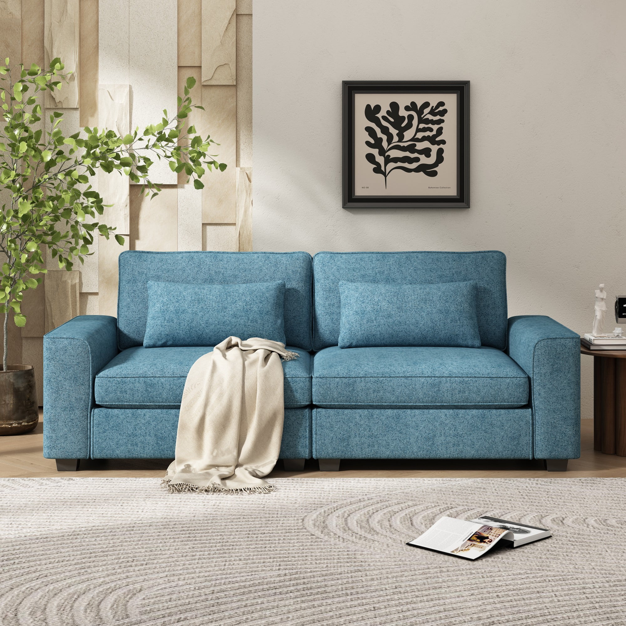 79.5" Modern Sofa Couches,3-Seat Sofa Couch Linen Fabric Upholstered Sofa Furniture with Pillows for Living Room Bedroom Apartment,Blue