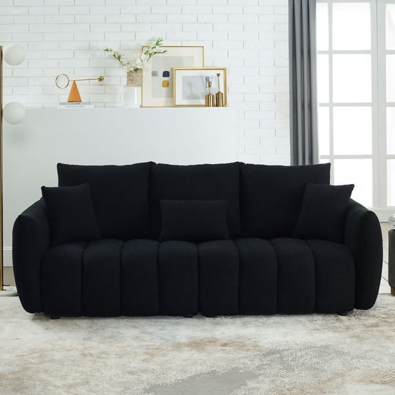 79.5" Premium Teddy Fabric Sofa with 3 Back Pillows and 3 Back Cushions Solid Wood Frame 3-Seater Sofa, Oversized Upholstered Chair for Living Room, Bedroom, Apartment and Office (Black)