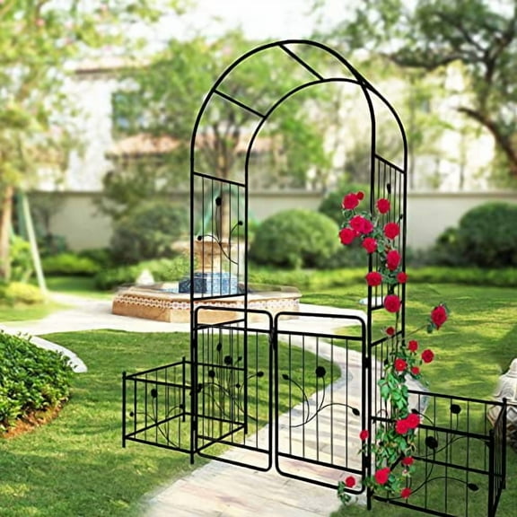 79.5" W x 86.6" H Metal Garden Arch with Double Doors and 2 Side Planter Baskets Climbing Plants with Rose and Leaves Decor Arch, Outdoor Arch, Wedding Arch, Events Archway, Assemb