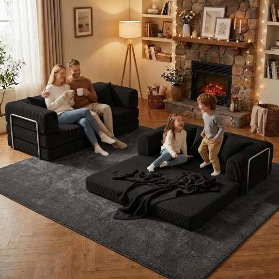 79" 5-in-1 Convertible Sleeper Sofa Bed, No Assembly Corduroy Modular Futon Couch with Fixed Metal Armrests, Compressed in a Box, Pet-Friendly Sofa for Living Room Apartment, Black