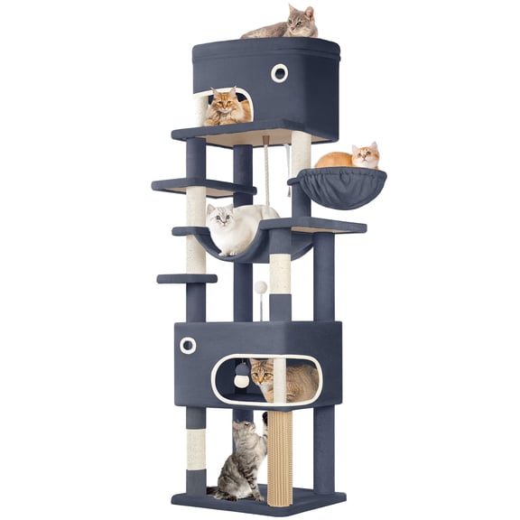 79.9" Cat Tree: Scratching Posts, Large Platform, 2 Caves, Basket,Dark Grey