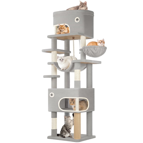 Hzuaneri Cat Tree, 79.9" Tall Multi‑Level Indoor Cat Tower with Scratching Posts, Platform, Caves, Basket and Hammock, Light Grey