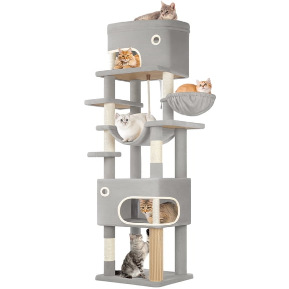 79.9" Cat Tree for Indoor, Multi-Level Activity Center with Scratching Posts, Platform, Caves, Basket and Hammock, Light Grey
