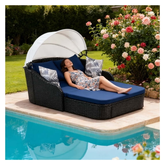 79.9" Patio Daybed - Outdoor Day Bed with Adjustable Canopy, Double Lounge Patio Bed, All-Weather PE Rattan Wicker, Black Frame & Blue Cushions