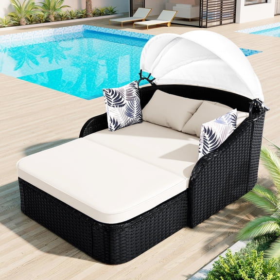 79.9" Pe Daybed With Alterable Canopy - Double Lounge, Black , Comfy Beige Pillow Movable