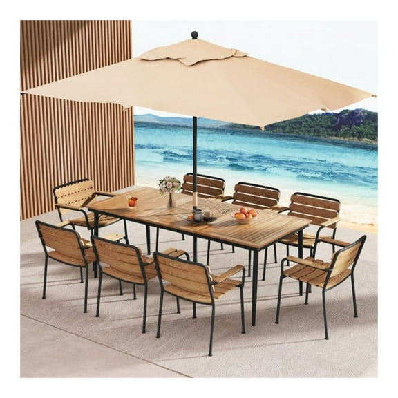 79" Acacia Wood Outdoor Dining Table for 8, Metal Frame, Umbrella Hole, Patio Table for Backyard, Deck, Dining Room - Natural & Black