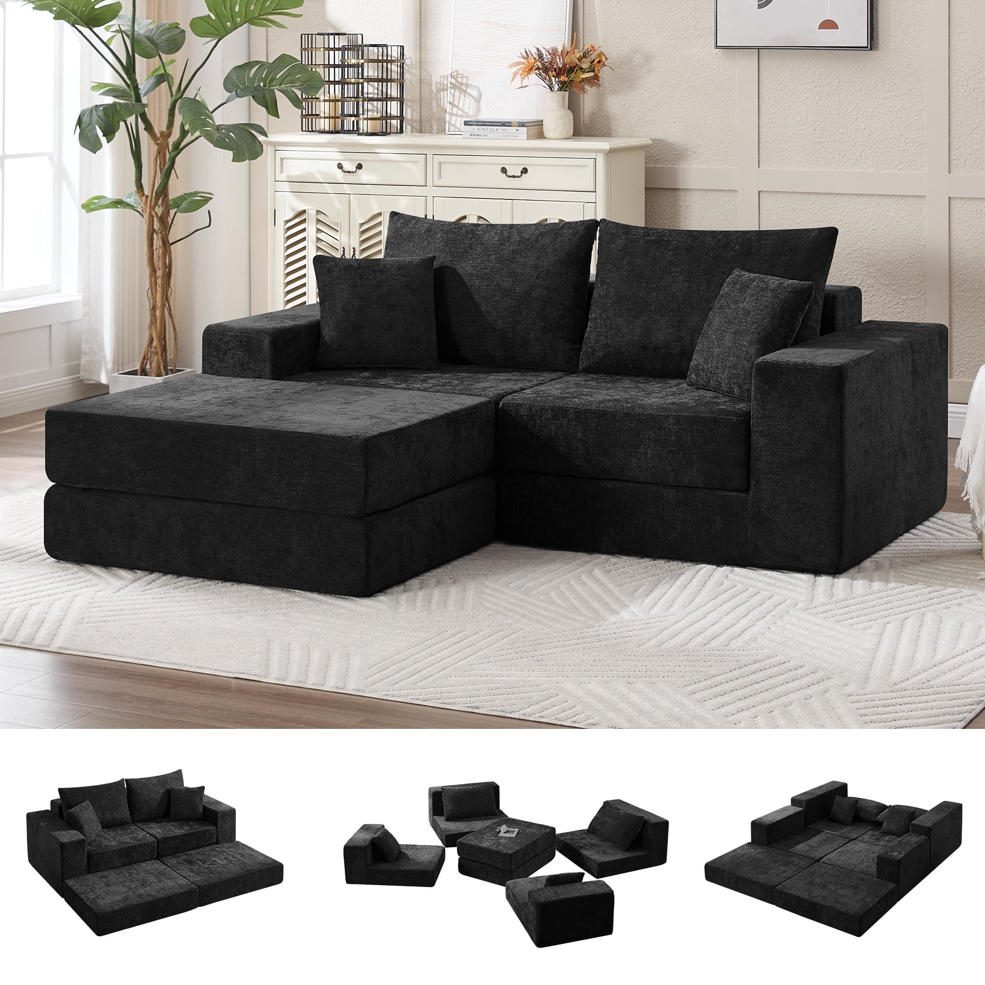 79" Boneless Cloud Loveseat Sofa with Ottoman, Modular Chenille Convertible Floor Couch Bed, No Assembly, Black