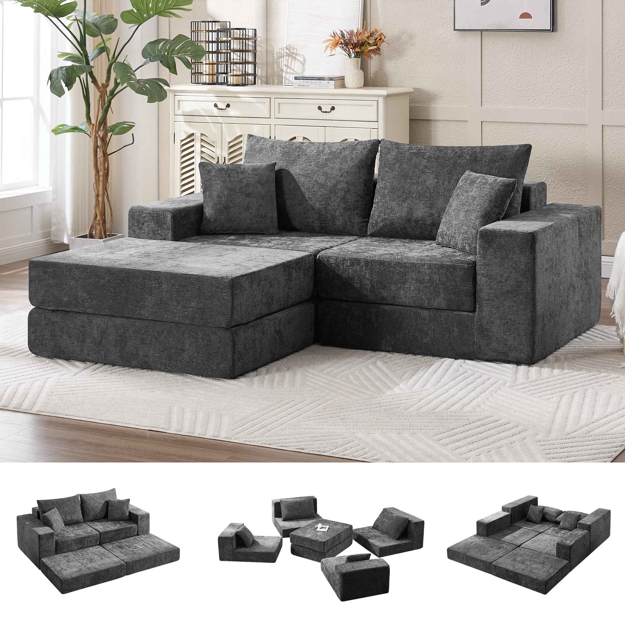 79" Boneless Cloud Loveseat Sofa with Ottoman, Modular Chenille Convertible Floor Couch Bed, No Assembly, Dark Gray