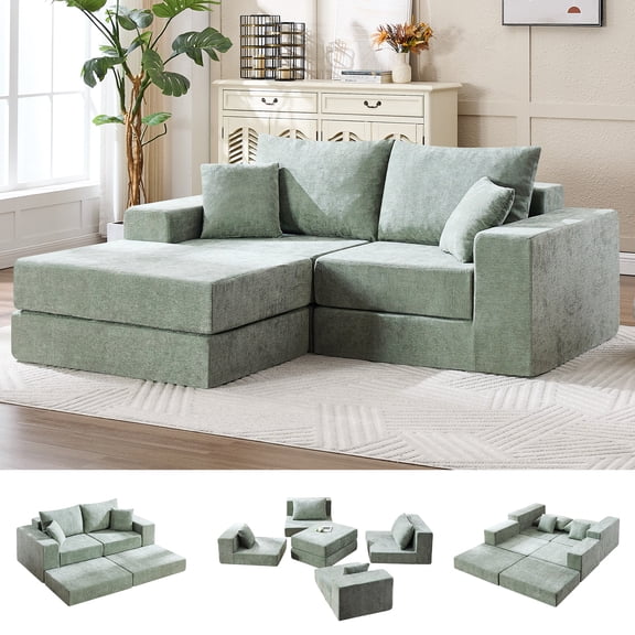 79" Boneless Cloud Loveseat Sofa with Ottoman, Modular Chenille Convertible Floor Couch Bed, No Assembly, Green