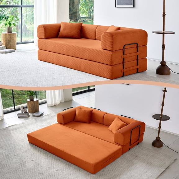 79'' Boneless Convertible Sofa Bed, Foldable Sleeper Couch with Corduroy for Living Room Apartment, Orange
