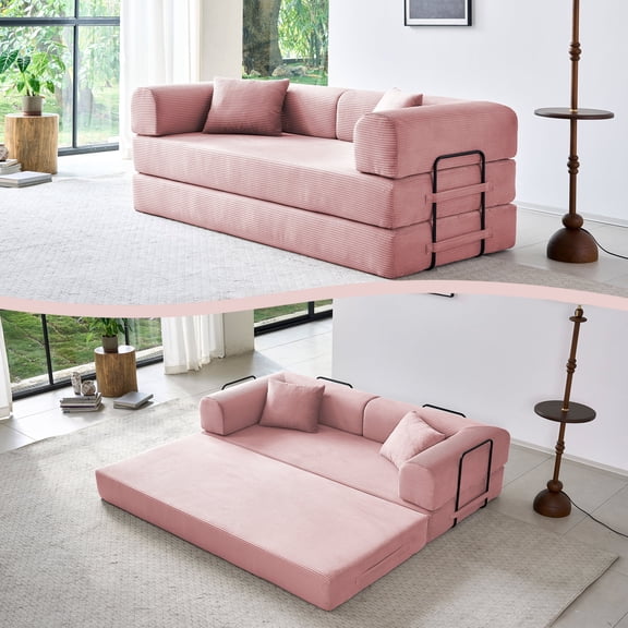79'' Boneless Convertible Sofa Bed, Foldable Sleeper Couch with Corduroy for Living Room Apartment,Pink