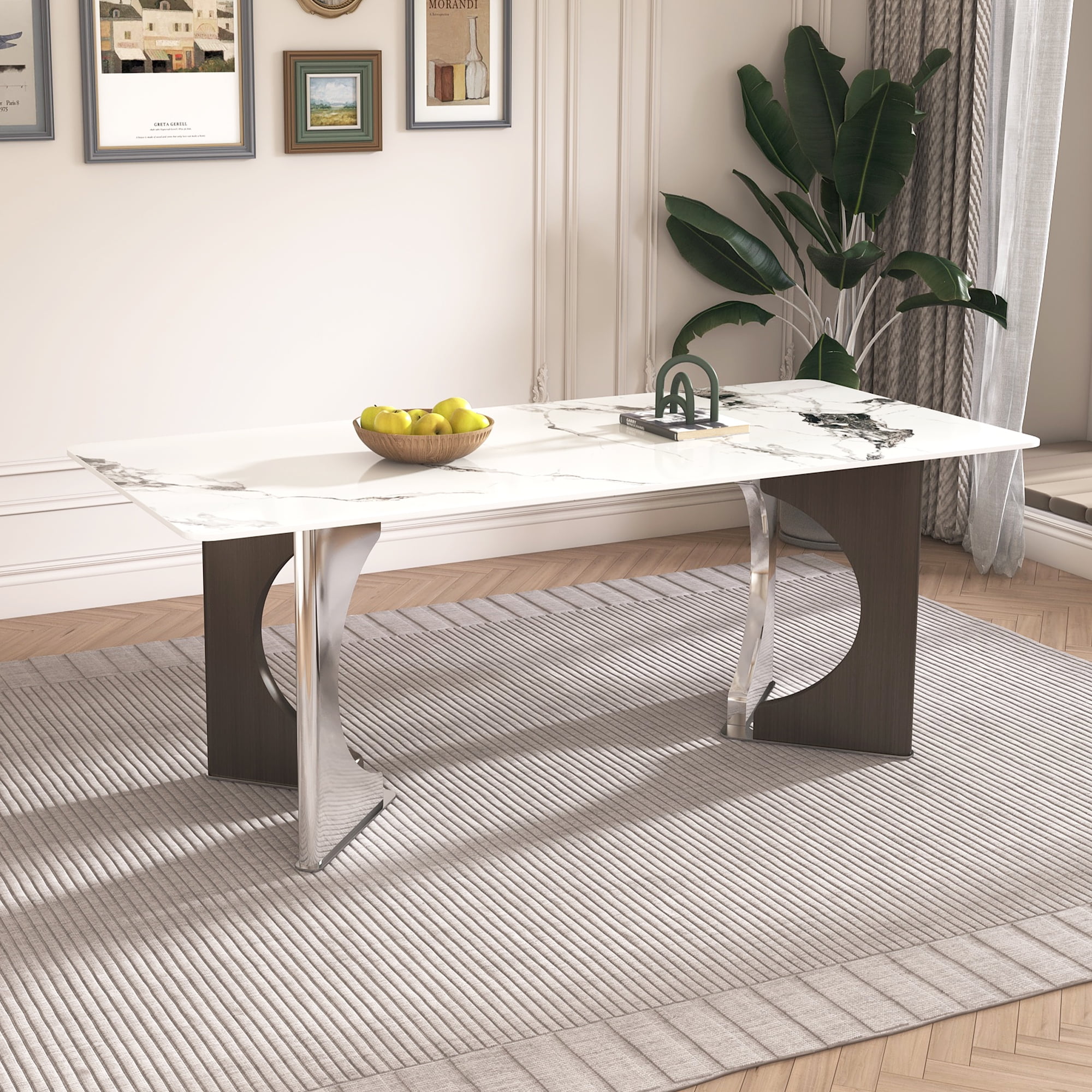 79" Carrara Gold Marble-Design Dining Table | Stainless Steel Base ...