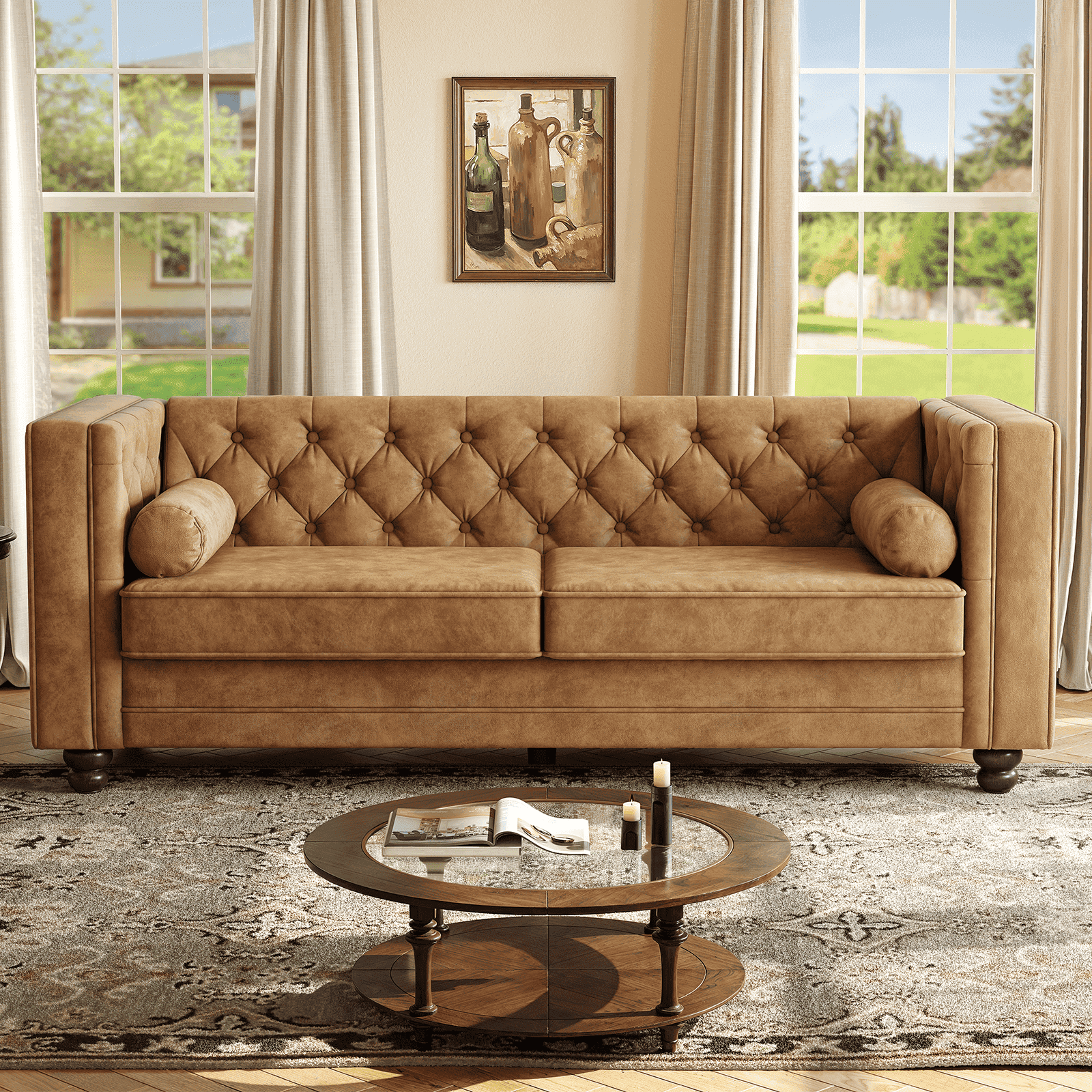 79'' Chesterfield Sofa, Comfy Faux Leather Button-Tufted Couch with 2 Bolster Pillows and Wood Legs for Apartment, Office, Caramel