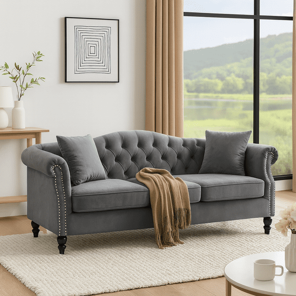 79" Chesterfield Sofa Grey Velvet for Living Room, 3 Seater Sofa Tufted Couch with Rolled Arms and Nailhead for Living Room, Bedroom, Office, Apartment, two pillows